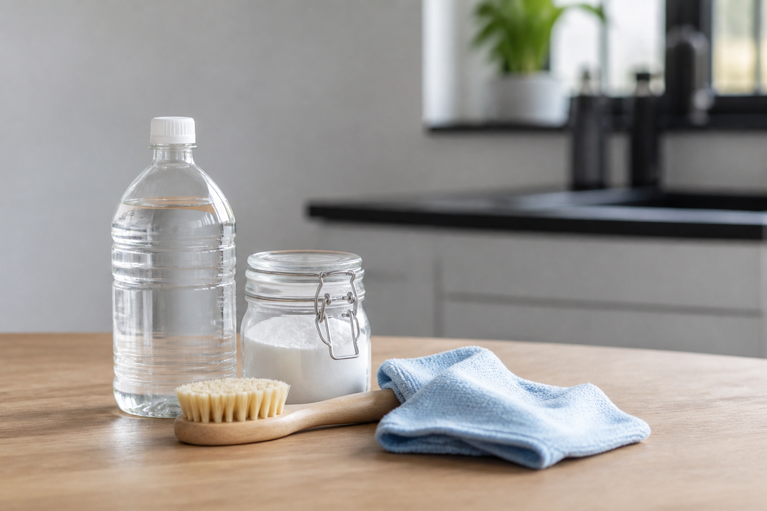 Un plan de travail avec une bouteille de vinaigre blanc, une boîte de bicarbonate, une brosse et un chiffon microfibre
