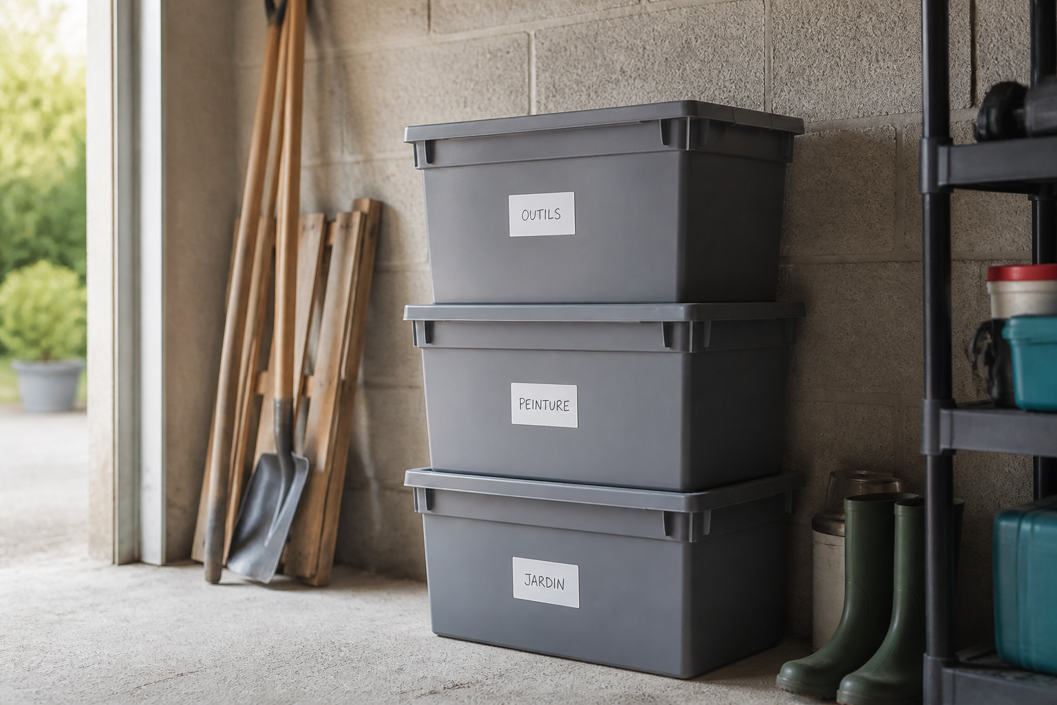 Trois bacs de rangement en plastique gris empilés le long d’un mur de garage, avec des étiquettes écrites à la main