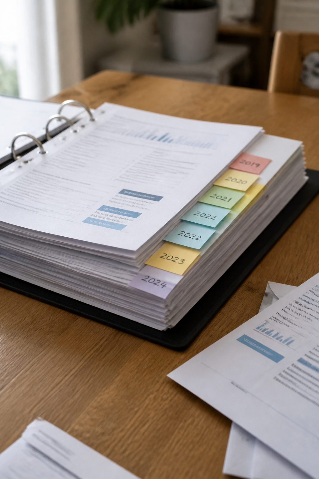 Un classeur à intercalaires ouvert sur une table, rempli de factures d’électricité classées par année
