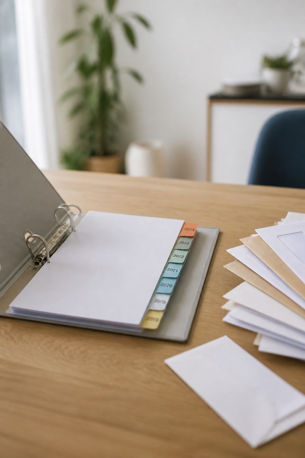 Un classeur à levier ouvert sur une table, avec des intercalaires numérotés par année et une pile de courriers à trier