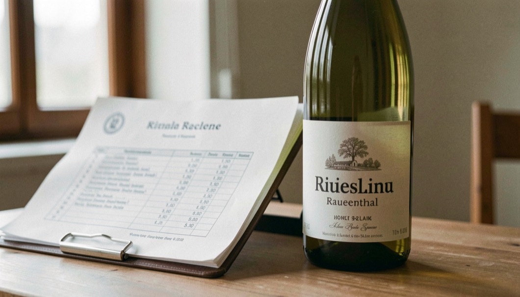 Une bouteille de Riesling de Rauenthal dont l’étiquette porte un nom de lieu-dit, posée près d’un registre imprimé