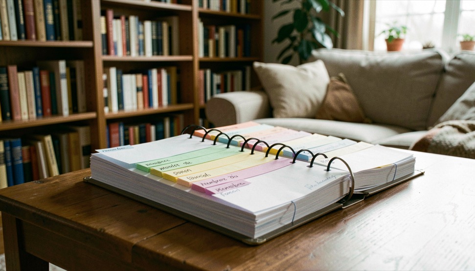 Un classeur à intercalaires étiqueté par membre du foyer, dans une bibliothèque de salon