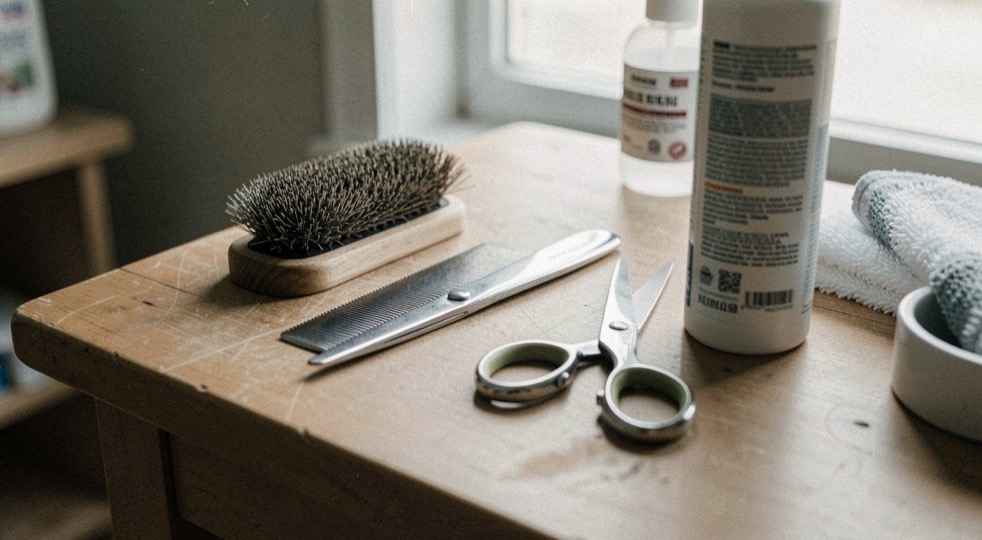 Une table de toilettage domestique avec brosse, peigne métallique, ciseaux à bouts ronds et shampooing pour chien